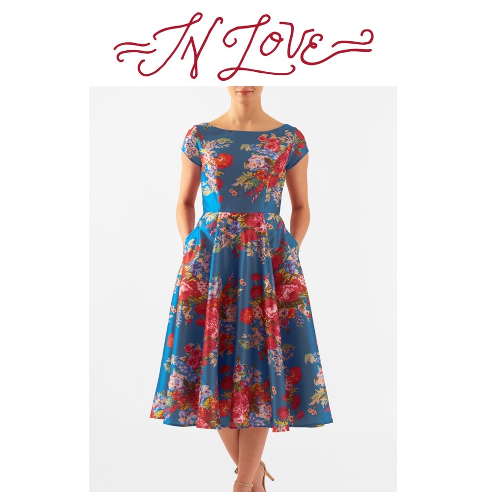 Floral print fit & flare dupioni dress.